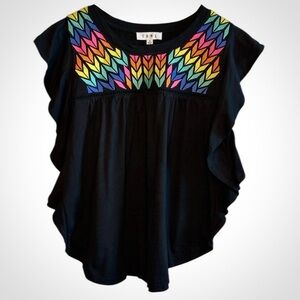 THML Black Ruffle Sleeveless Multi Colorful Embroidered  Top